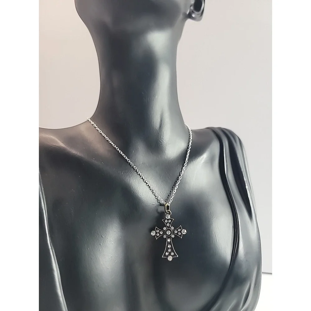 Vintage Religious Cross Pendant Necklace Clear Crystal Gothic Jewelry